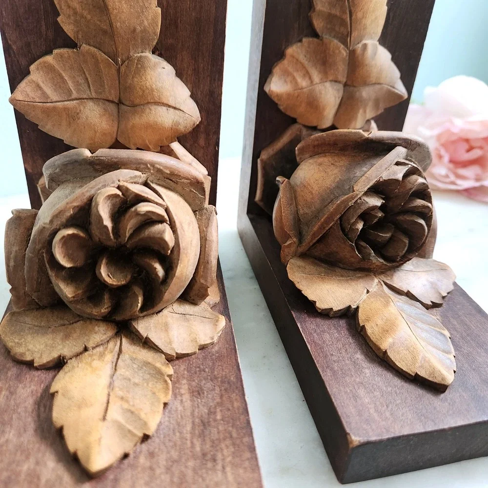 Antique Rose Wood Bookends Hand Carved‎ Floral Library French Country Decor